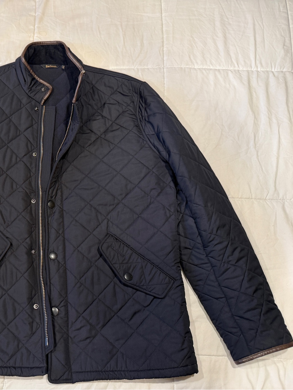 Barbour Navy Quilted Lightweight Jacket with Brown Trim